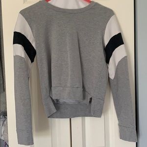 grey, black, and white long sleeve